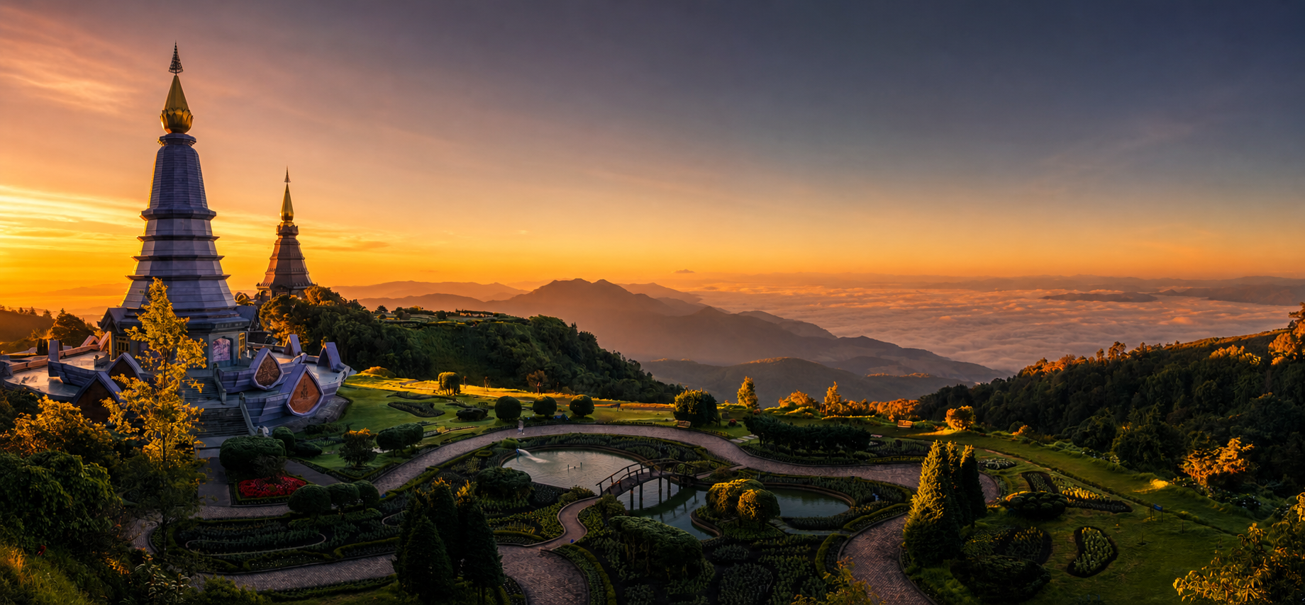 Twin pagodas and formal gardens overlooking the mountains of northern Thailand at sunset